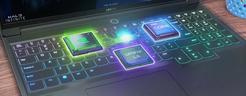 Intel, NVIDIA, and Lenovo logos, glowing and connected by strands of light, hover above the keyboard of the Lenovo Legion Slim 7i Gen 8 (16 Intel)