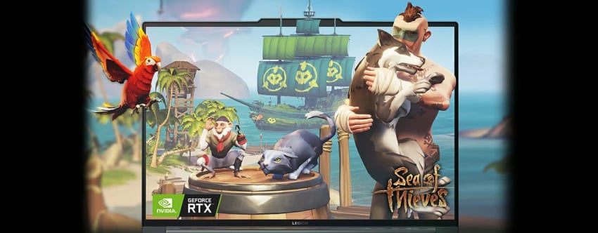 Sea of Thieves gaming imagery set on and around the display of the Lenovo Legion Slim 7i Gen 8 (16 Intel)
