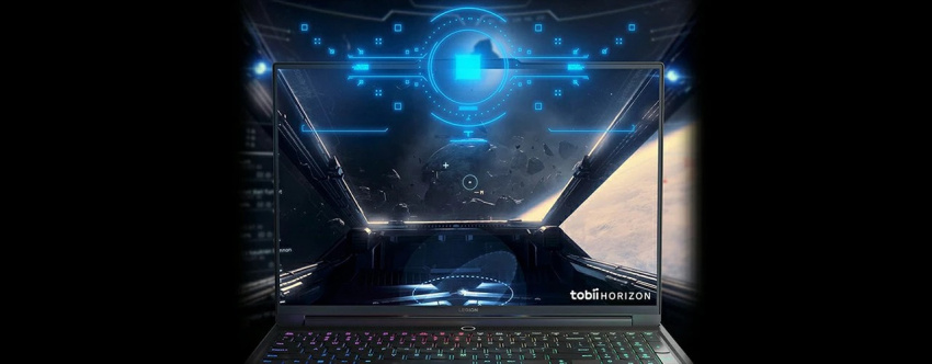 Tobii Horizon logo imagery on and around the Lenovo Legion Slim 7i Gen 8 (16 Intel)’s display
