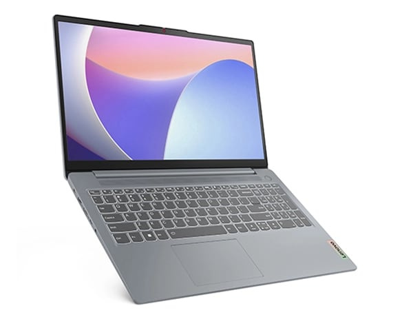 Lenovo IdeaPad Slim 3i Gen 8 laptop in Arctic Grey open beyond 90 degrees, slightly angled to show left side.
